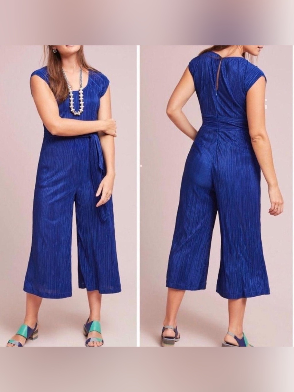 Anthropologie Maeve Sonata Pleated Royal Blue Wide Leg Cropped Jumpsuit 8 Petite